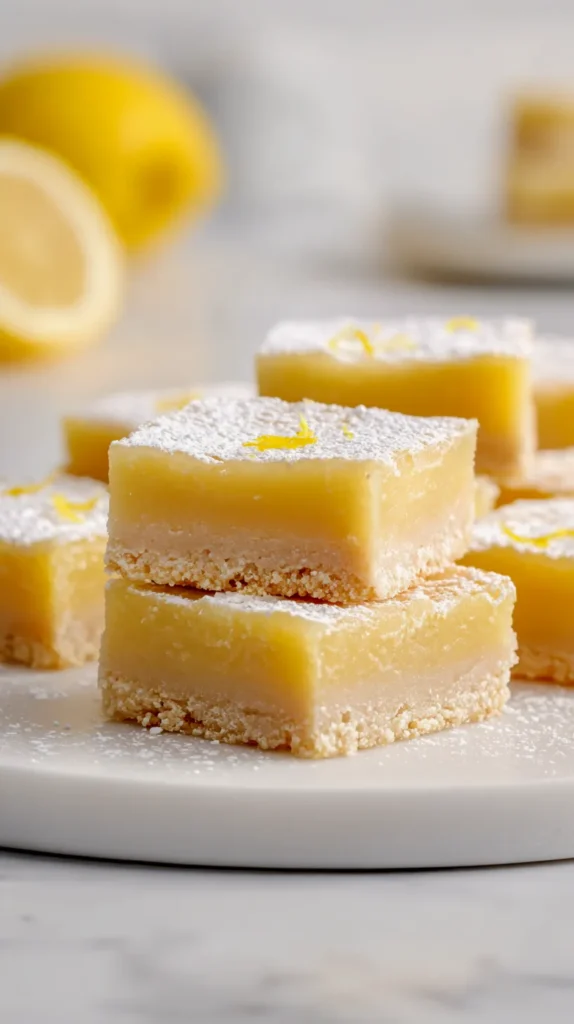 Lemon dessert bars topped with powdered sugar and lemon zest in bright kitchen