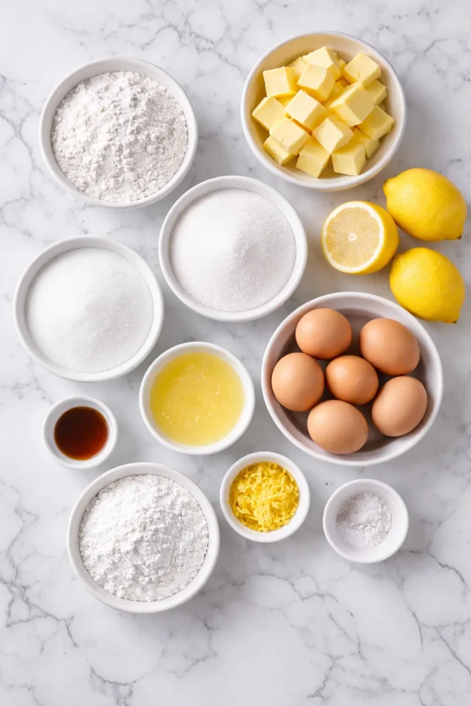 Overhead view of lemon bar ingredients in small bowls on a white marble counter, including flour, sugar, butter, eggs, lemon juice, lemon zest, vanilla, salt, and fresh lemons.