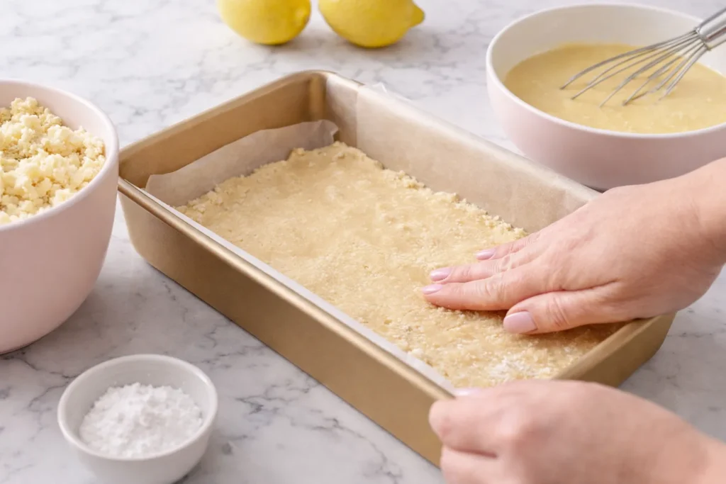Close-up of a buttery shortbread crust pressed into a gold baking pan, with a hand smoothing the surface on a white marble counter.