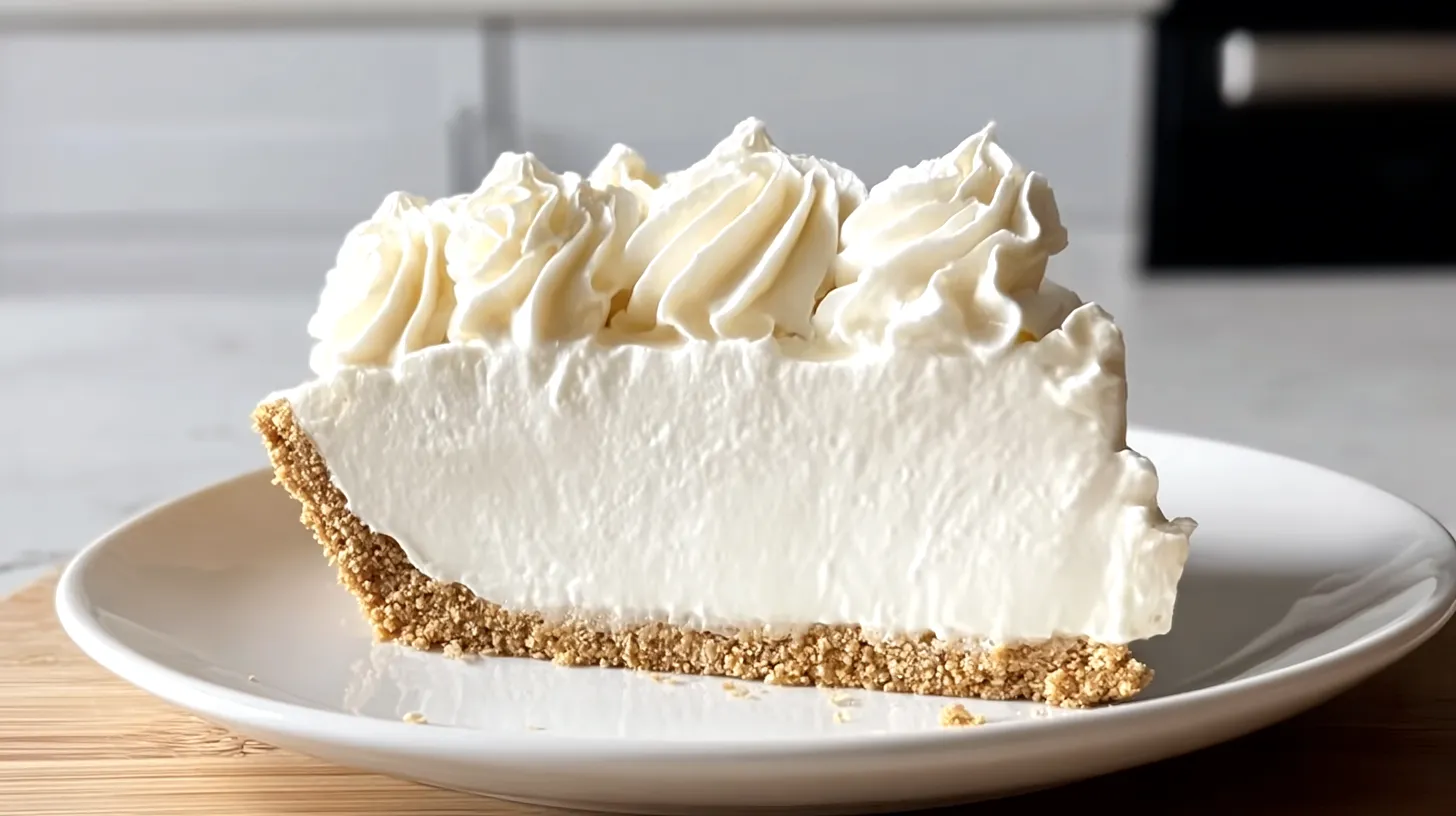 no-bake marshmallow cheesecake; Hyper-realistic photo of a single thick slice of no-bake marshmallow cheesecake with a smooth fluffy white filling, graham cracker crust, and piled whipped cream swirls on top, placed on a small white serving platter resting on a minimalistic white marble kitchen counter, bright white kitchen background, soft natural window light, clean editorial dessert photography, realistic creamy texture, no utensils, no text