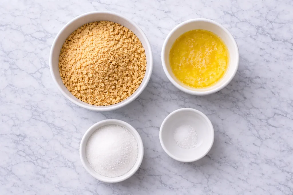 Crust ingredients photo: Overhead view of graham cracker crumbs, melted butter, sugar, and salt in white bowls on a white marble counter.