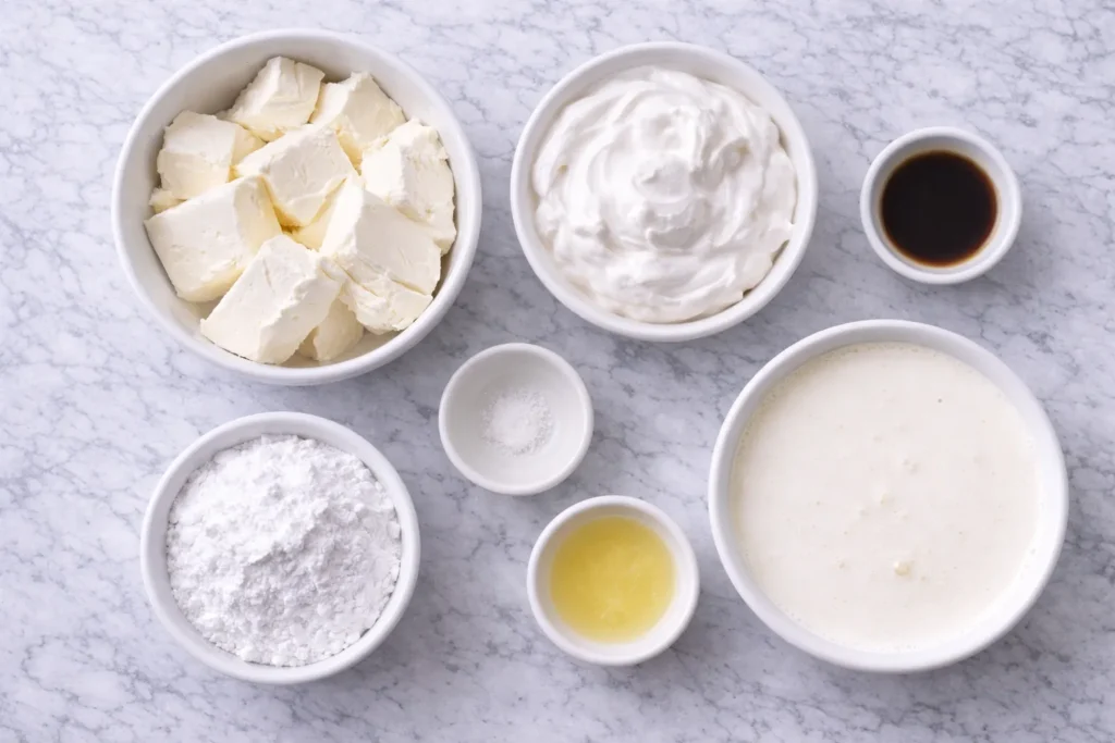 Cheesecake filling ingredients photo: Overhead view of cream cheese, marshmallow creme, powdered sugar, vanilla, lemon juice, salt, and heavy cream in white bowls on a white marble counter.