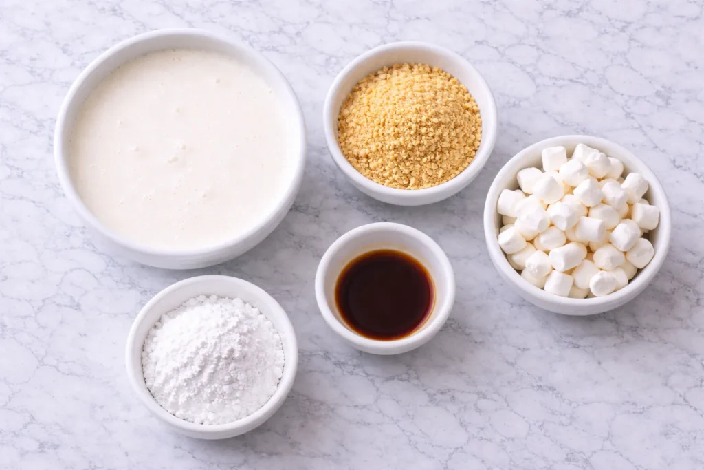 Topping ingredients photo: Overhead view of heavy whipping cream, powdered sugar, vanilla, mini marshmallows, and graham cracker crumbs in white bowls on a white marble counter.