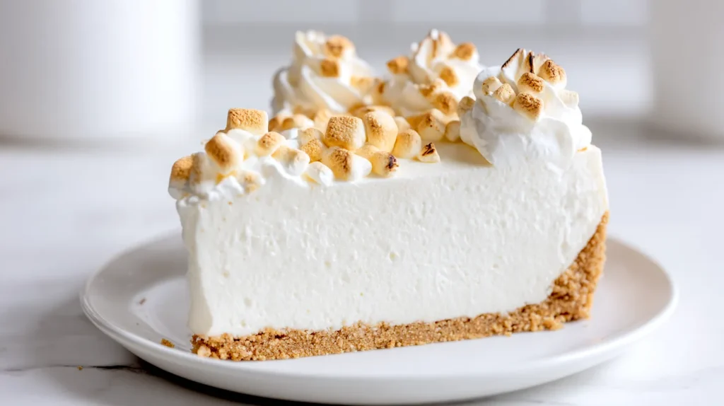Toasted marshmallow topping image: No-bake marshmallow cheesecake topped with whipped cream and toasted marshmallows on a white serving platter.