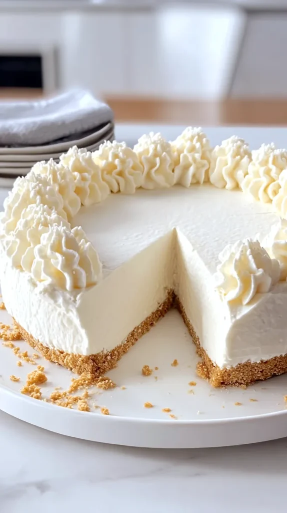 Hyper-realistic photo of a whole no-bake marshmallow cheesecake with one slice removed, smooth creamy white filling, graham cracker crust, and piped whipped cream swirls around the top edge, displayed on a white serving platter resting on a minimalistic white marble kitchen counter, bright white kitchen background, soft natural window light, clean modern food styling, realistic crumbs, no extra toppings, no text