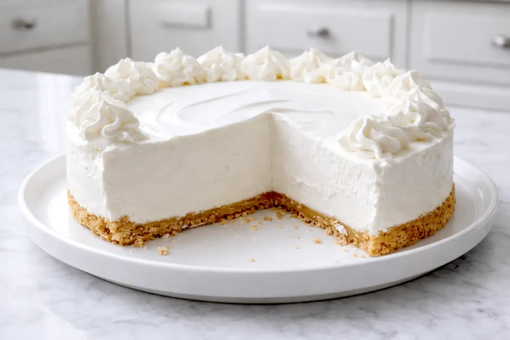 Hero image (cake with slice missing): No-bake marshmallow cheesecake with a slice removed, whipped cream and toasted marshmallows on top, on a white marble counter.