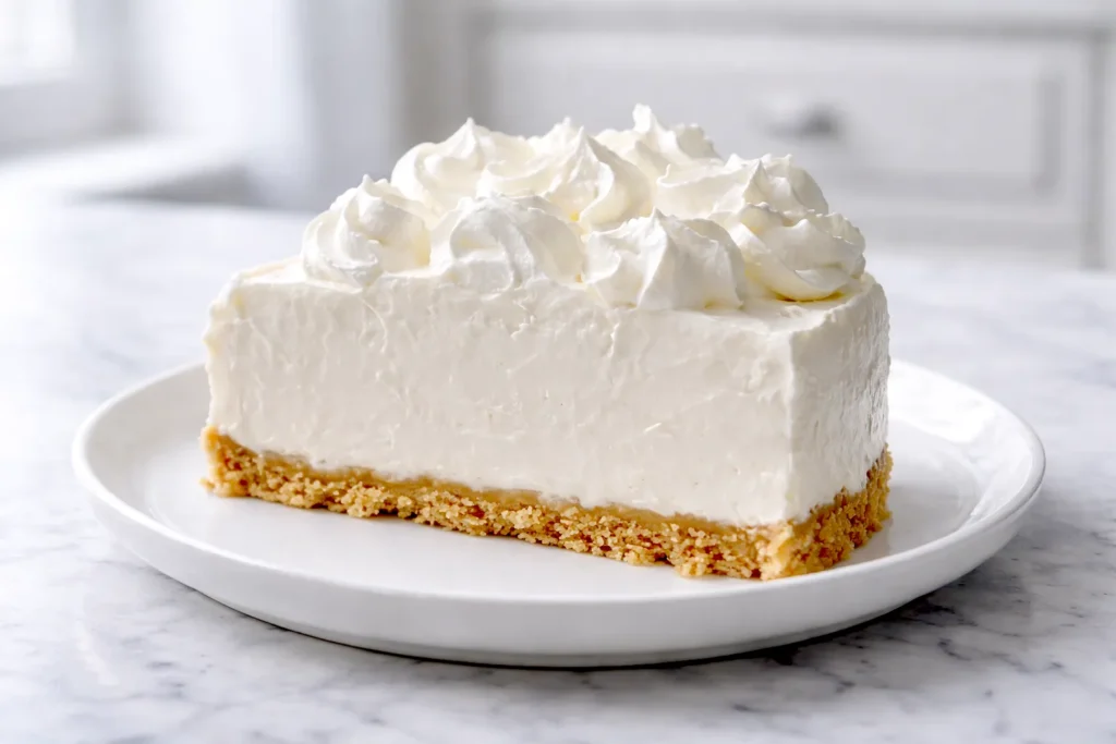 Slice image: Wedge slice of no-bake marshmallow cheesecake with whipped cream and toasted marshmallows on a white plate.