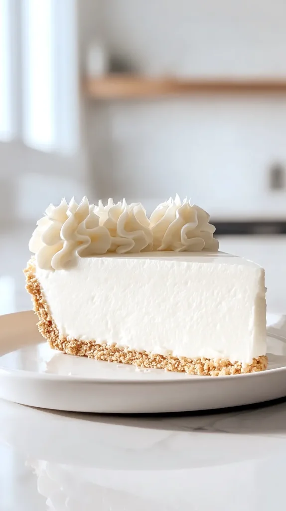 Slice image: Wedge slice of no-bake marshmallow cheesecake with whipped cream on top and graham cracker crust on a white plate.