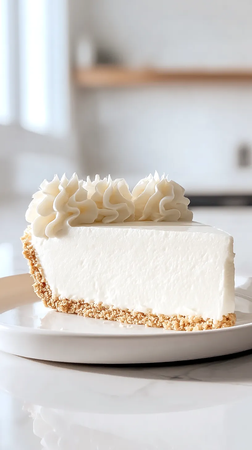 Slice image: Wedge slice of no-bake marshmallow cheesecake with whipped cream on top and graham cracker crust on a white plate.