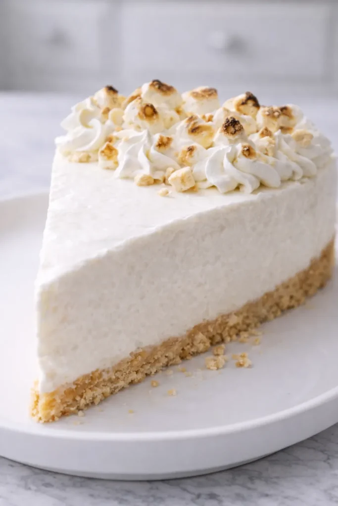 Toasted marshmallow topping image: No-bake marshmallow cheesecake topped with whipped cream and toasted marshmallows on a white serving platter.