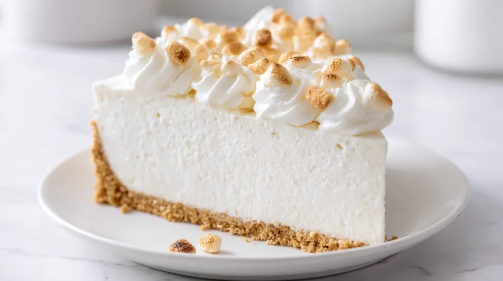 Toasted marshmallow topping image: No-bake marshmallow cheesecake topped with whipped cream and toasted marshmallows on a white serving platter.