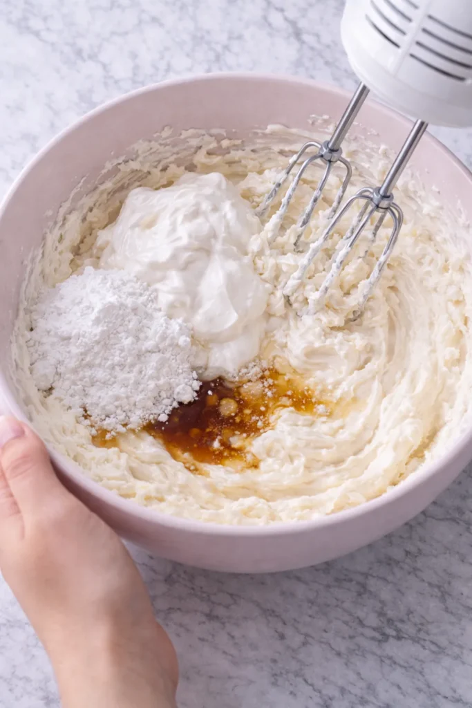 Mixing process photo: Female hand with pink manicure holding a light pink mixing bowl while a hand mixer blends cream cheese, marshmallow creme, powdered sugar, vanilla, lemon juice, and salt on a white marble counter.
