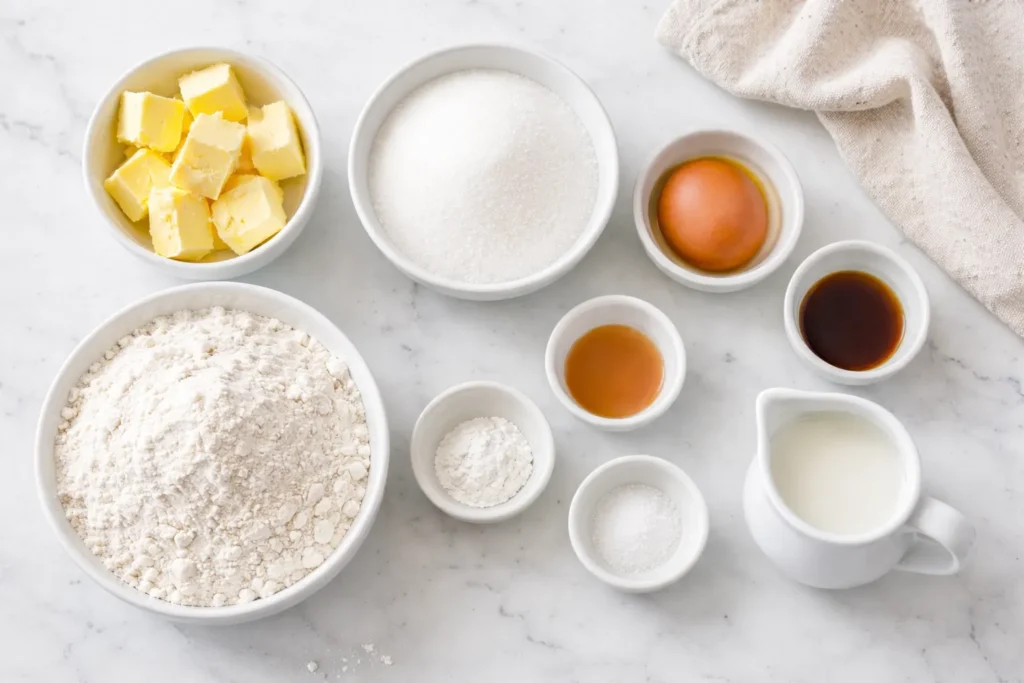 Overhead view of sugar cookie ingredients in small bowls on a white marble counter, including butter, sugar, flour, egg, vanilla, baking powder, salt, and milk.
