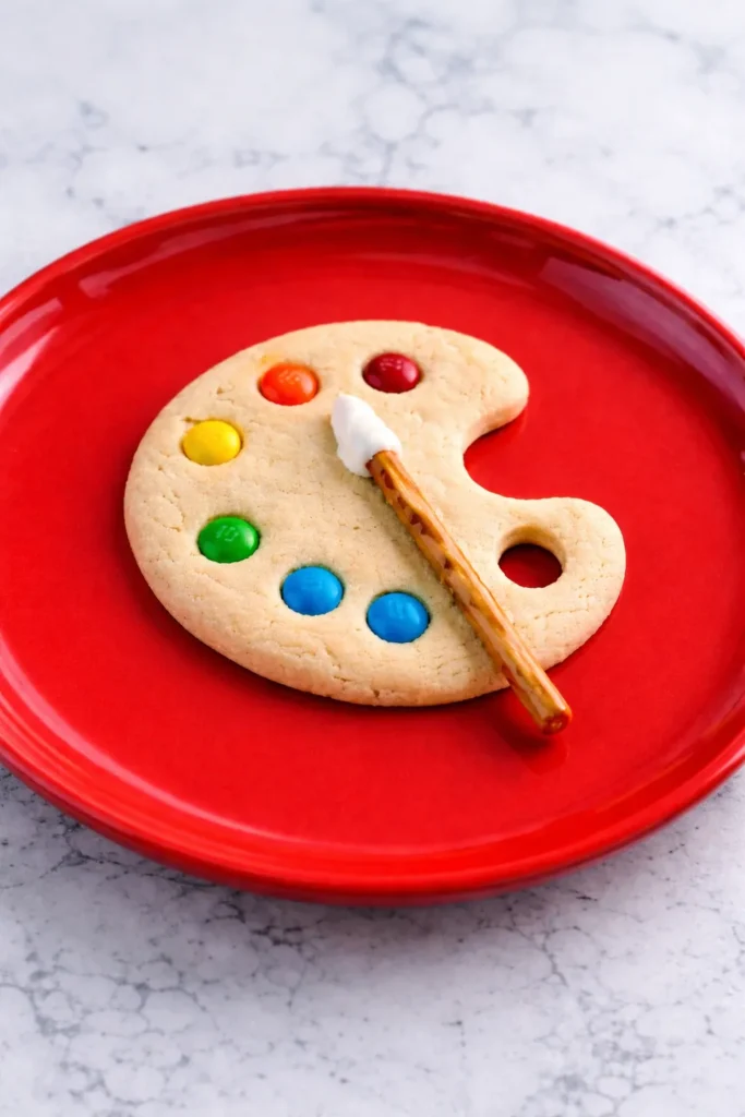 Overhead view of paint palette sugar cookies decorated with colorful candy pieces and pretzel brush details, arranged on a tray for a playful party dessert.