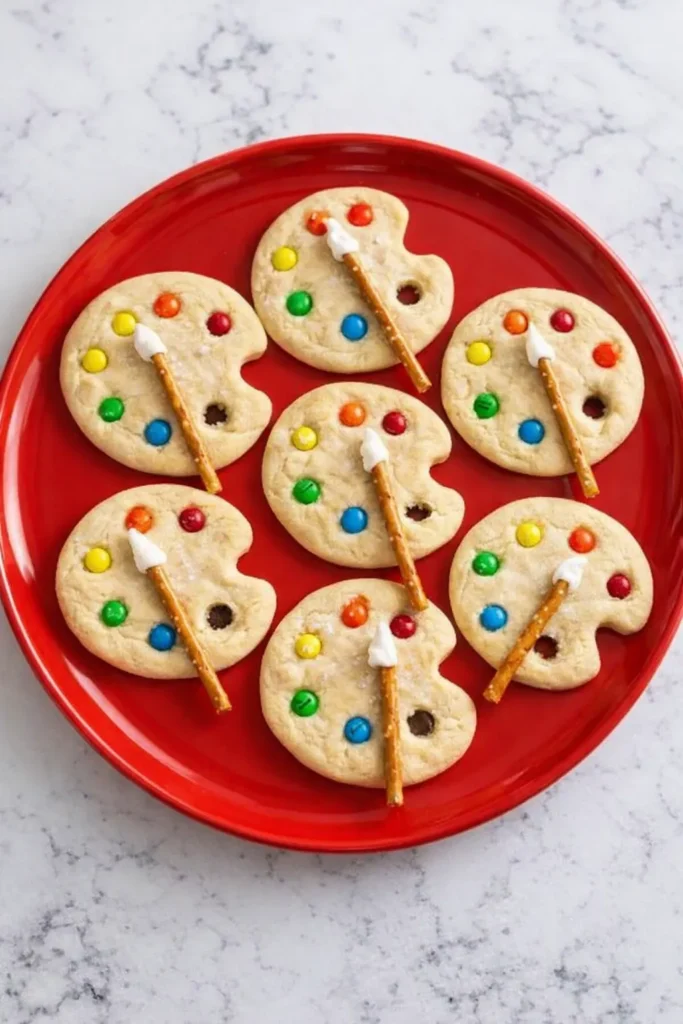 Paint palette sugar cookies styled on a serving tray, topped with colorful candy paint dots and tiny pretzel brushes for a fun art-themed dessert.