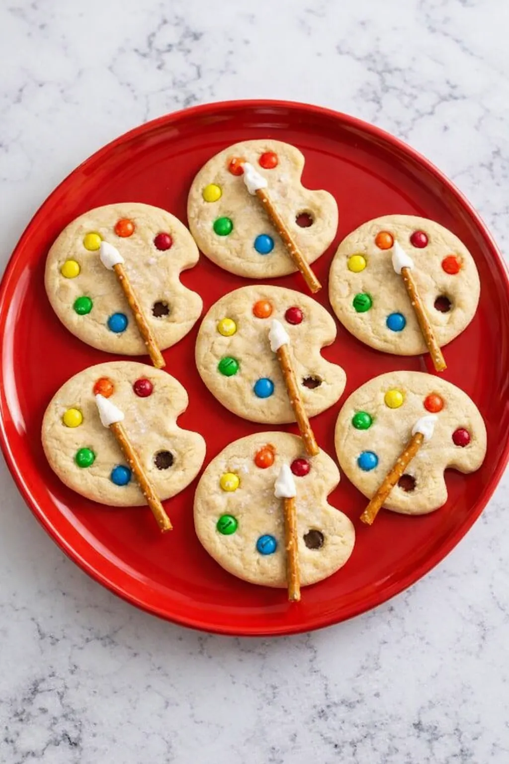 Paint palette sugar cookies styled on a serving tray, topped with colorful candy paint dots and tiny pretzel brushes for a fun art-themed dessert.