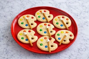 Overhead view of paint palette sugar cookies on a plate, each decorated with colorful M&M’s and a pretzel stick brush tipped with icing.