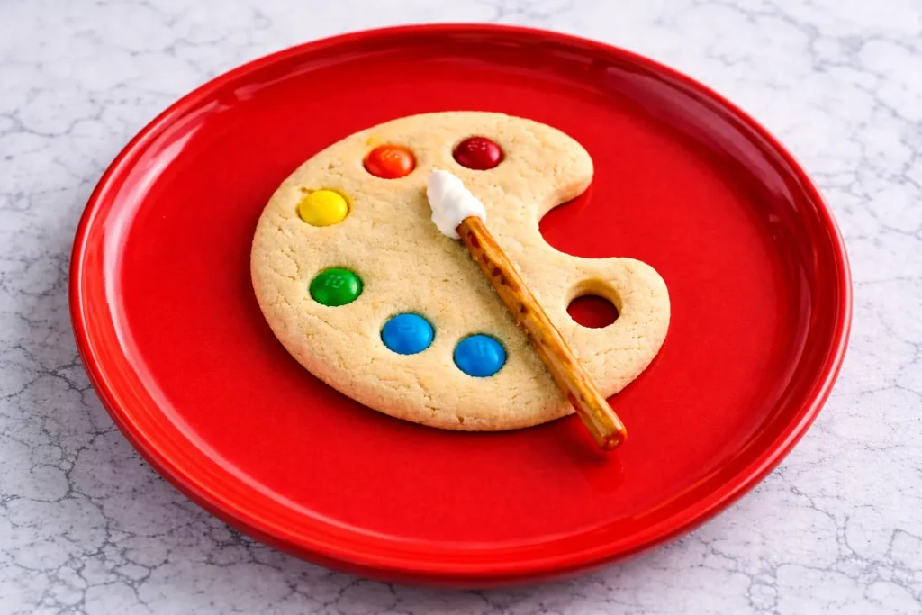 paint palette sugar cookie on a red plate