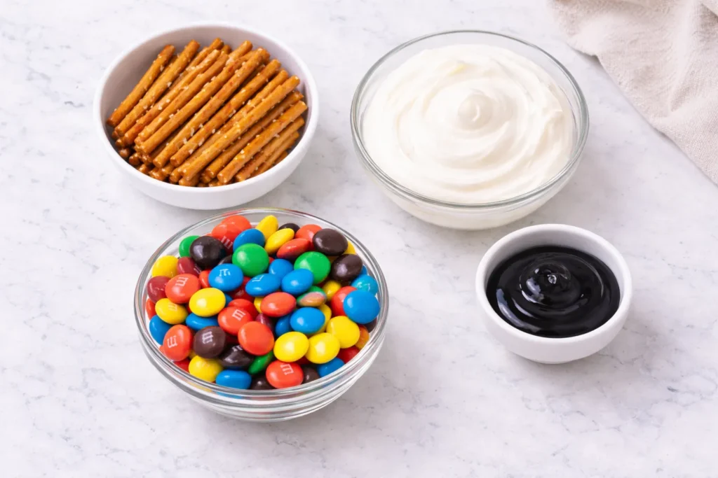 Overhead view of decorating ingredients on a white marble counter, including salted pretzel sticks, white cookie icing, black decorating gel, and colorful M&M’s in separate bowls.