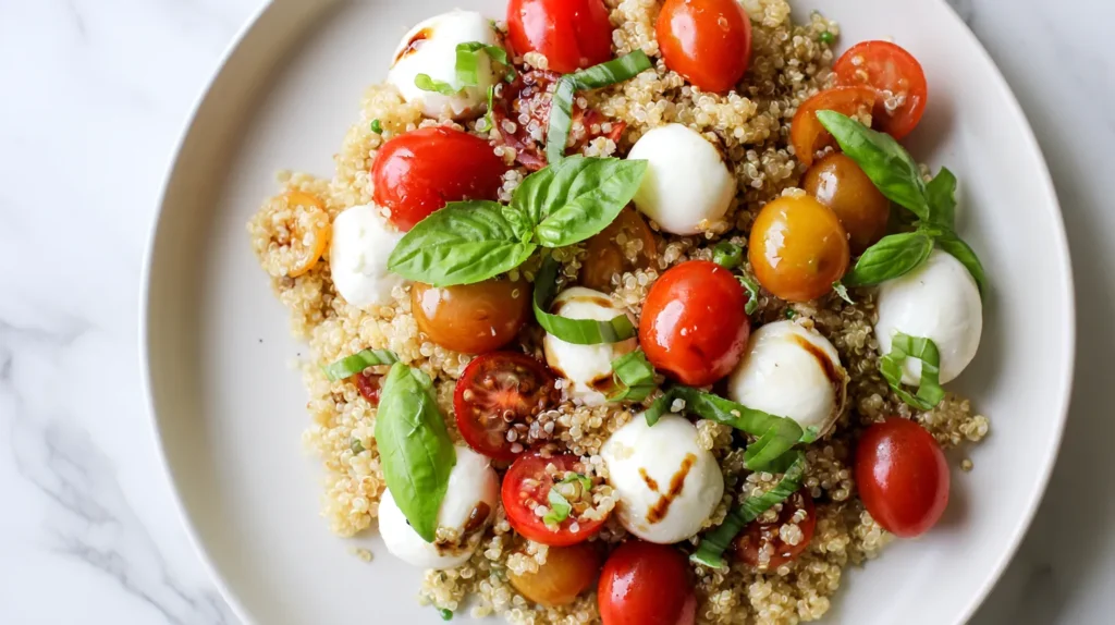 Caprese quinoa salad served on a white plate with cherry tomatoes, mozzarella pearls, basil, and balsamic glaze on a white marble counter