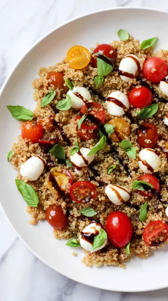 Finished caprese quinoa salad plated on a white dish with balsamic glaze, basil, cherry tomatoes, and quinoa