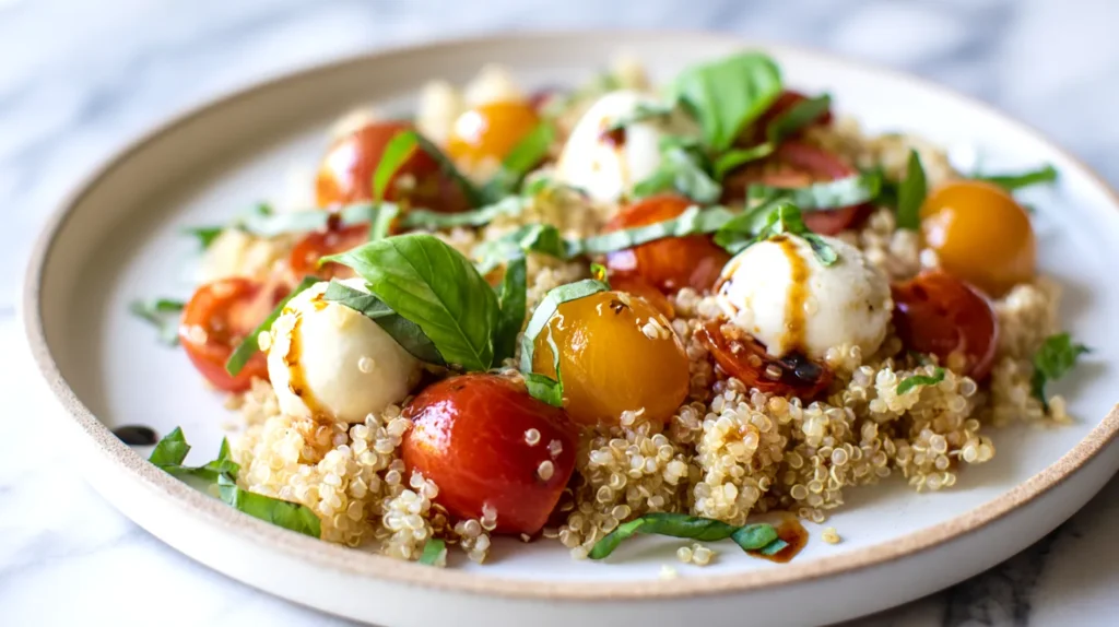 Caprese quinoa salad on a white plate with fluffy quinoa, red and yellow cherry tomatoes, basil leaves, and mozzarella pearls