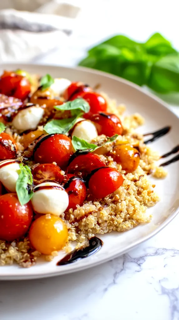 Fresh caprese quinoa salad with quinoa, tomatoes, mozzarella pearls, basil, and balsamic glaze on a white ceramic plate
