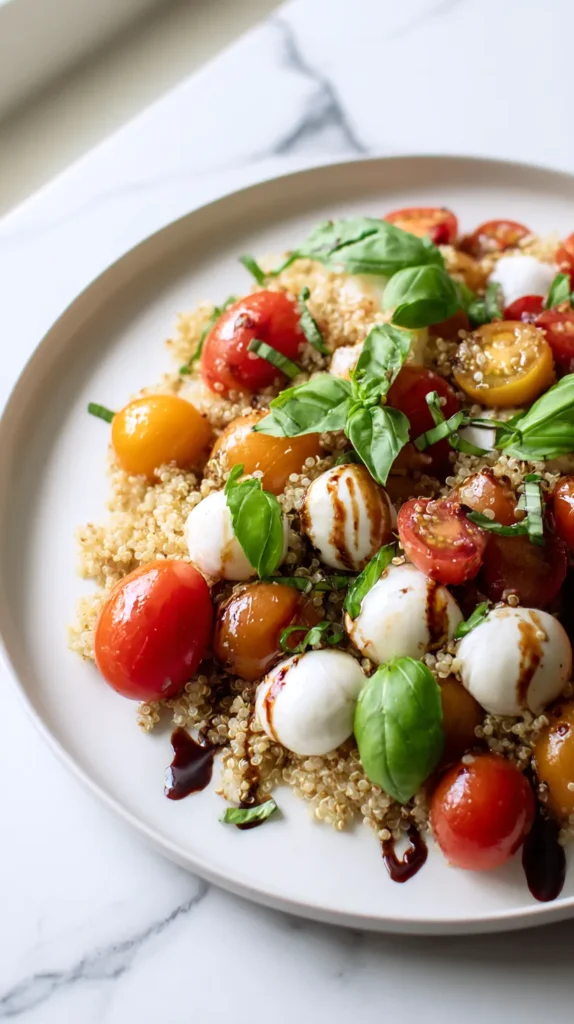 White plate of caprese quinoa salad topped with mozzarella pearls, fresh basil, cherry tomatoes, and balsamic glaze