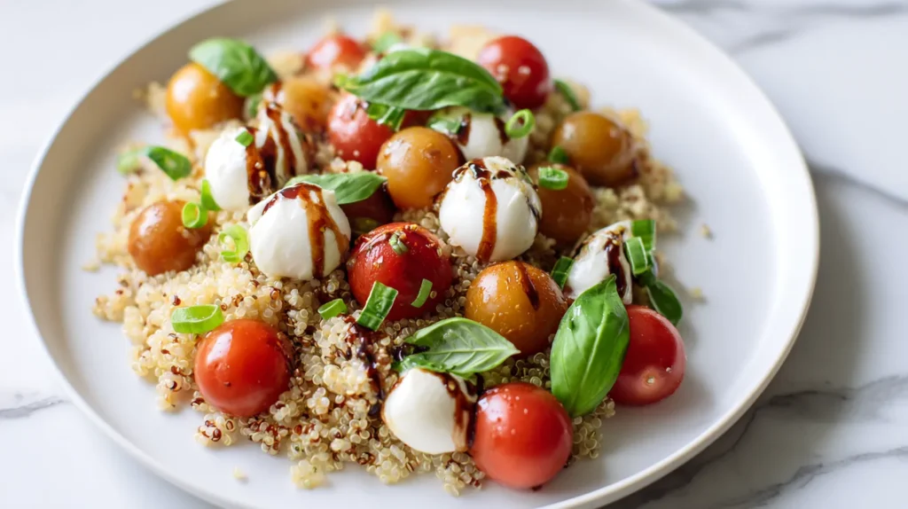 Caprese quinoa salad on a white plate with quinoa, cherry tomatoes, mozzarella pearls, fresh basil, and balsamic glaze on a white marble counter