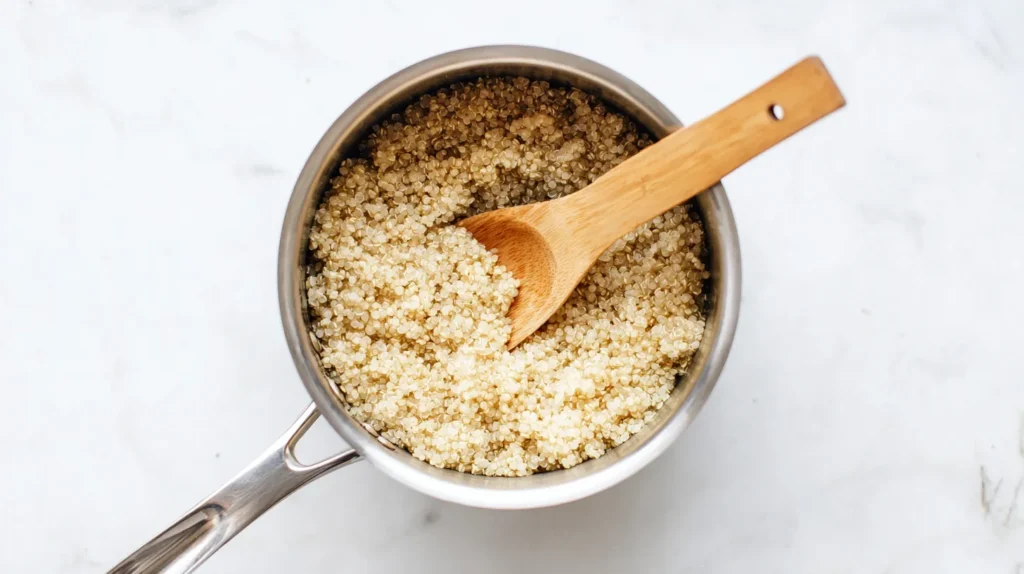 Cooked quinoa in a saucepan with a wooden spoon on a white marble counter