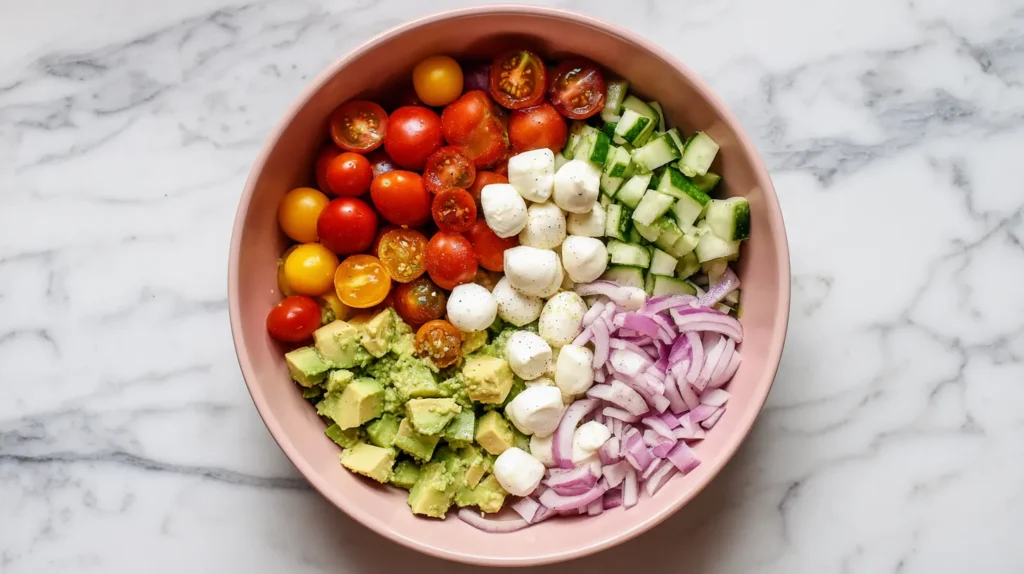 Cherry tomatoes, mozzarella pearls, chopped basil, red onion, avocado, and cucumber in a pink bowl on a white marble counter