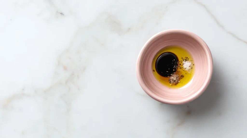 Olive oil, balsamic vinegar, salt, pepper, honey, and lemon juice in a pink bowl on a white marble counter