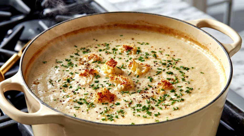 hyper-realistic photo of cauliflower garlic soup simmering in a tall cream-colored Dutch oven soup pot on a stovetop, soup is smooth, silky, and velvety with a pale ivory color, only a few tiny roasted cauliflower bits on top, very light sprinkle of cracked black pepper and chopped chives, soft steam rising, bright white kitchen background, white marble countertops, natural window light, clean editorial food photography, crisp focus, realistic texture, no people, no text, no logos, no watermark