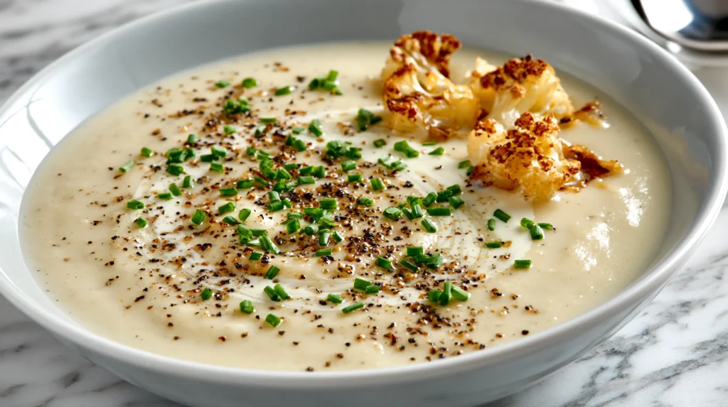 hyper-realistic photo of a bowl of cauliflower garlic soup, ultra-smooth and velvety pale ivory soup with a very subtle swirl of cream, only 2 or 3 very small roasted cauliflower florets on top, extremely light sprinkle of cracked black pepper, sparse finely chopped chives, white ceramic bowl on a white marble countertop, bright white kitchen background, soft natural window light, clean editorial food styling, crisp focus, realistic texture, elegant and minimal, no people, no text, no logos, no watermark
