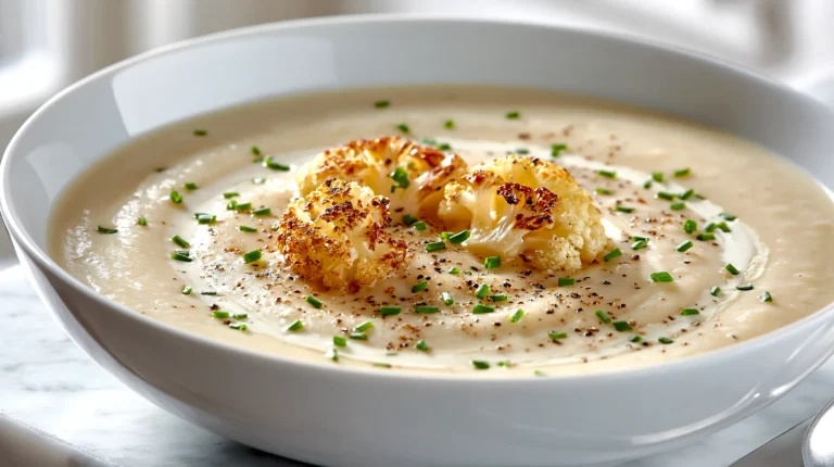hyper-realistic photo of a bowl of cauliflower garlic soup, smooth and creamy pale ivory soup topped with cracked black pepper, chopped chives, a light swirl of cream, and a few crispy roasted cauliflower bits, served in a white ceramic bowl on a white marble countertop, bright white kitchen background, soft natural window light, clean editorial food styling, crisp focus, realistic texture, cozy and elegant food photography, no people, no text, no logos, no watermark