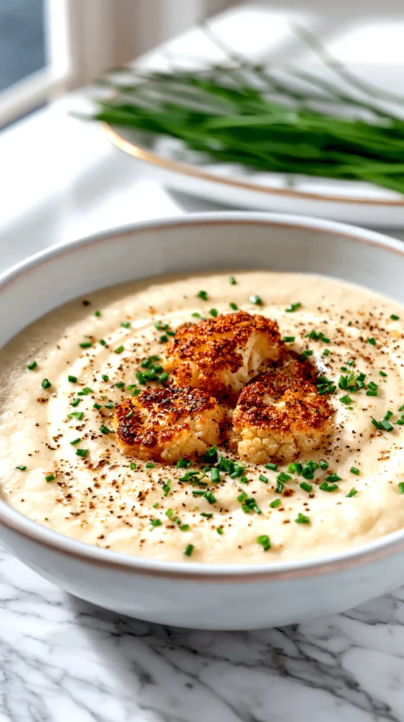 hyper-realistic photo of a bowl of cauliflower garlic soup, ultra-smooth and velvety pale ivory soup with a very subtle swirl of cream, only 2 or 3 very small roasted cauliflower florets on top, extremely light sprinkle of cracked black pepper, sparse finely chopped chives, white ceramic bowl on a white marble countertop, bright white kitchen background, soft natural window light, clean editorial food styling, crisp focus, realistic texture, elegant and minimal, no people, no text, no logos, no watermark
