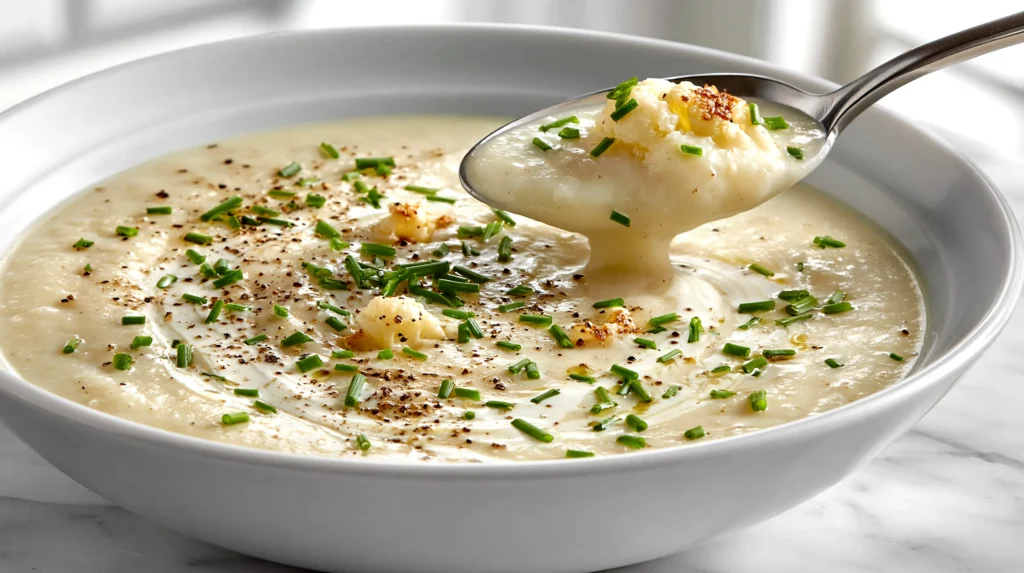 hyper-realistic photo of a bowl of cauliflower garlic soup with a spoon lifting a silky creamy bite, soup is smooth and velvety pale ivory with a light swirl of cream, only a few tiny roasted cauliflower bits visible, delicate cracked black pepper and finely chopped chives on top, white ceramic bowl on a white marble countertop, bright white kitchen background, soft natural window light, clean editorial food photography, crisp focus, realistic texture, no visible person, no text, no logos, no watermark
