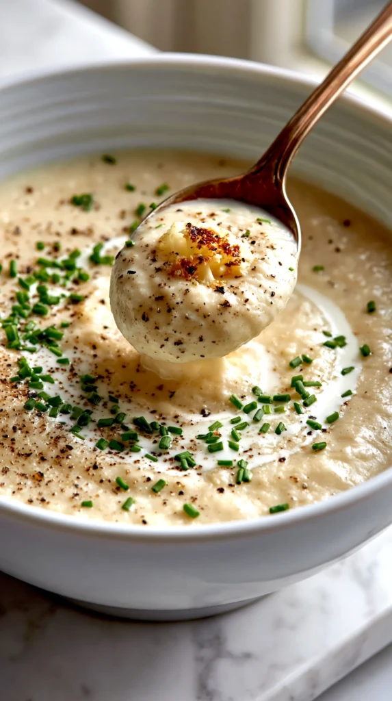 hyper-realistic photo of a bowl of cauliflower garlic soup, ultra-smooth and velvety pale ivory soup with a very subtle swirl of cream, only 2 or 3 very small roasted cauliflower florets on top, extremely light sprinkle of cracked black pepper, sparse finely chopped chives, white ceramic bowl on a white marble countertop, bright white kitchen background, soft natural window light, clean editorial food styling, crisp focus, realistic texture, elegant and minimal, no people, no text, no logos, no watermark