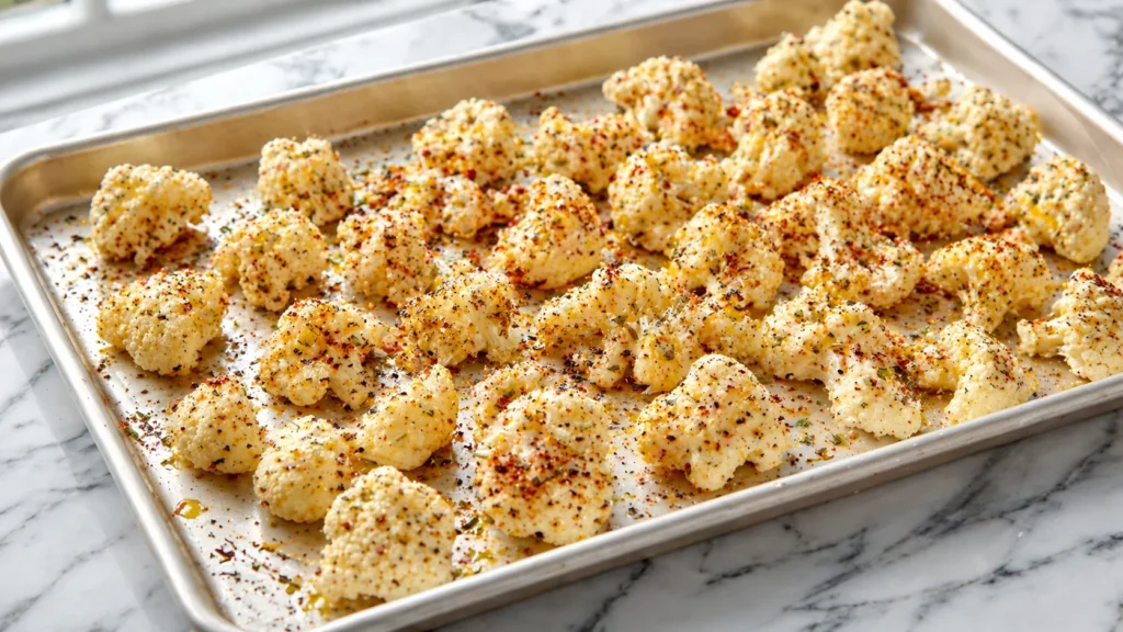 hyper-realistic photo of raw cauliflower florets spread on a large light-colored baking sheet, cauliflower tossed with olive oil and coated with visible salt, black pepper, dried thyme, and smoked paprika, seasonings clinging to the florets, baking sheet set on a white marble countertop in a bright white kitchen, soft natural window light