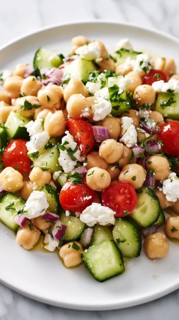 hyper-realistic food photography of chickpea feta salad served on a round white ceramic plate, finished dish styled as a fresh budget-friendly lunch, plump beige chickpeas, diced cucumber with pale green centers and dark green edges, glossy halved cherry tomatoes, finely chopped red onion, crumbled bright white feta cheese, chopped fresh parsley, light lemon and olive oil dressing lightly coating the ingredients without pooling, ingredients distinct and not mashed, realistic portion size, crisp textures, fresh vibrant colors, plated neatly but naturally, plate set on a white marble kitchen counter in a bright white kitchen, soft natural window light, airy editorial cookbook style, clean background, shallow depth of field, sharp focus on the salad, no utensils, no napkins, no hands, no people, no text, no watermark
