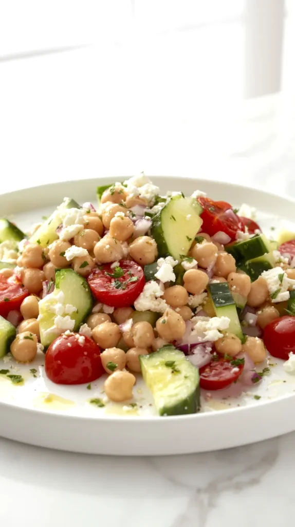 hyper-realistic food photography of chickpea feta salad served on a round white ceramic plate, finished dish styled as a fresh budget-friendly lunch, plump beige chickpeas, diced cucumber with pale green centers and dark green edges, glossy halved cherry tomatoes, finely chopped red onion, crumbled bright white feta cheese, chopped fresh parsley, light lemon and olive oil dressing lightly coating the ingredients without pooling, ingredients distinct and not mashed, realistic portion size, crisp textures, fresh vibrant colors, plated neatly but naturally, plate set on a white marble kitchen counter in a bright white kitchen, soft natural window light, airy editorial cookbook style, clean background, shallow depth of field, sharp focus on the salad, no utensils, no napkins, no hands, no people, no text, no watermark