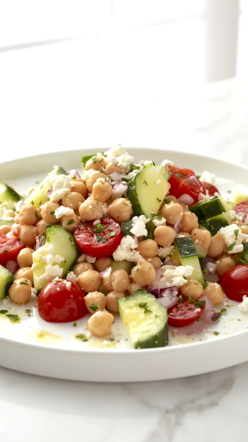 hyper-realistic food photography of chickpea feta salad served on a round white ceramic plate, finished dish styled as a fresh budget-friendly lunch, plump beige chickpeas, diced cucumber with pale green centers and dark green edges, glossy halved cherry tomatoes, finely chopped red onion, crumbled bright white feta cheese, chopped fresh parsley, light lemon and olive oil dressing lightly coating the ingredients without pooling, ingredients distinct and not mashed, realistic portion size, crisp textures, fresh vibrant colors, plated neatly but naturally, plate set on a white marble kitchen counter in a bright white kitchen, soft natural window light, airy editorial cookbook style, clean background, shallow depth of field, sharp focus on the salad, no utensils, no napkins, no hands, no people, no text, no watermark