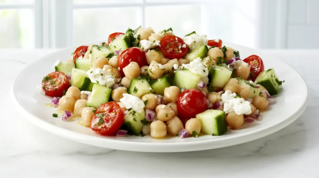 hyper-realistic food photography of chickpea feta salad served on a round white ceramic plate, finished dish styled as a fresh budget-friendly lunch, plump beige chickpeas, diced cucumber with pale green centers and dark green edges, glossy halved cherry tomatoes, finely chopped red onion, crumbled bright white feta cheese, chopped fresh parsley, light lemon and olive oil dressing lightly coating the ingredients without pooling, ingredients distinct and not mashed, realistic portion size, crisp textures, fresh vibrant colors, plated neatly but naturally, plate set on a white marble kitchen counter in a bright white kitchen, soft natural window light, airy editorial cookbook style, clean background, shallow depth of field, sharp focus on the salad, no utensils, no napkins, no hands, no people, no text, no watermark