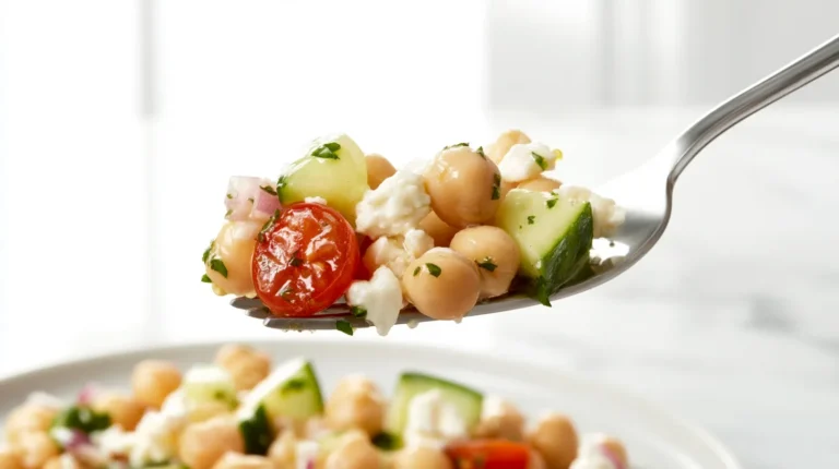 hyper-realistic food photography of a fork lifting a bite of chickpea feta salad above a round white ceramic plate, bite includes plump beige chickpeas, crumbled bright white feta, diced cucumber with pale green centers and dark green edges, a glossy halved cherry tomato, tiny pieces of finely chopped red onion, and flecks of fresh parsley, light lemon and olive oil dressing lightly coating the ingredients without dripping, textures crisp and realistic, ingredients clearly visible and distinct, rest of the chickpea feta salad blurred slightly on the white plate below, plate set on a white marble kitchen counter in a bright white kitchen, soft natural window light, airy editorial cookbook style, shallow depth of field, sharp focus on the lifted bite, no hand, no napkin, no text, no watermark