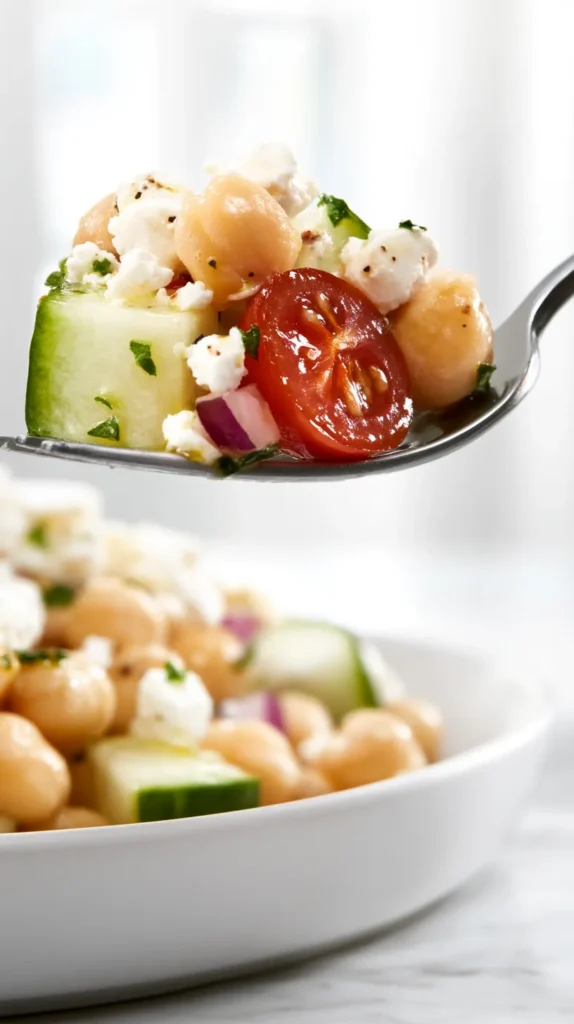 hyper-realistic food photography of a fork lifting a bite of chickpea feta salad above a round white ceramic plate, bite includes plump beige chickpeas, crumbled bright white feta, diced cucumber with pale green centers and dark green edges, a glossy halved cherry tomato, tiny pieces of finely chopped red onion, and flecks of fresh parsley, light lemon and olive oil dressing lightly coating the ingredients without dripping, textures crisp and realistic, ingredients clearly visible and distinct, rest of the chickpea feta salad blurred slightly on the white plate below, plate set on a white marble kitchen counter in a bright white kitchen, soft natural window light, airy editorial cookbook style, shallow depth of field, sharp focus on the lifted bite, no hand, no napkin, no text, no watermark