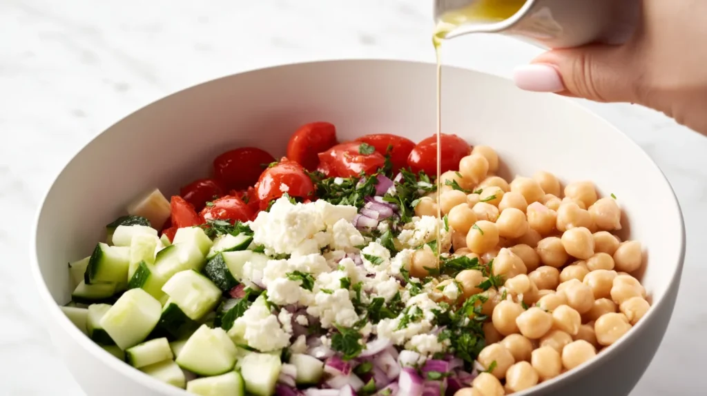 hyper-realistic food photography of chickpea feta salad during assembly, lemon and olive oil dressing being poured into a large white mixing bowl filled with plump beige chickpeas, diced cucumber with pale green centers and dark green edges, glossy halved cherry tomatoes, finely chopped red onion, crumbled bright white feta, and chopped fresh parsley, dressing visible mid-pour by a female hand with a light pink manicure, with a light glossy stream, ingredients fresh and distinct, realistic textures, white marble kitchen counter, bright white kitchen background, soft natural window light, airy editorial cookbook style, crisp sharp focus, no people, no hands, no text, no watermark