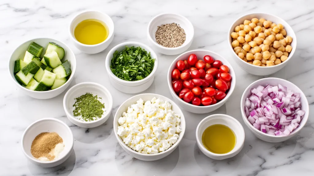 ingredients in white bowls, bowls on a white marble kitchen counter 2 cans chickpeas, 15 ounces each, drained and rinsed 1 large cucumber, diced 1 pint cherry tomatoes, halved 1/2 small red onion, finely chopped 6 ounces feta cheese, crumbled 1/2 cup fresh parsley, chopped 3 tablespoons olive oil 2 tablespoons lemon juice 1 tablespoon red wine vinegar 1 teaspoon dried oregano 1 small garlic clove, minced 1/2 teaspoon kosher salt 1/4 teaspoon black pepper