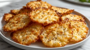 hyper-realistic photo of homemade cottage cheese chips on a white ceramic plate, very thin irregular baked rounds made from cottage cheese, visible curds fused together, delicate lacy crispy golden brown edges with lightly browned centers, subtle uneven homemade shape, light seasoning of paprika and black pepper, realistic blistered texture, loosely stacked so individual chips are visible, not smooth crackers, not cheese crisps, close-up food photography, bright natural window light, white marble countertop, bright white kitchen background, clean editorial styling, believable homemade texture, high detail, soft shadows, no people, no utensils, no garnish clutter, no text, no logo, no watermark