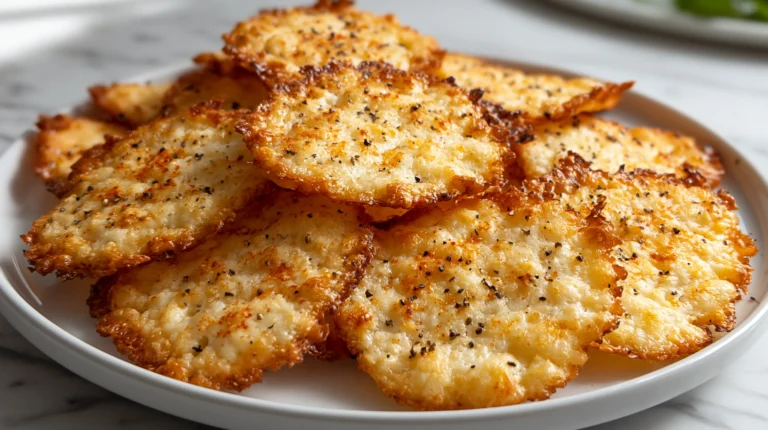 hyper-realistic photo of homemade cottage cheese chips on a white ceramic plate, very thin irregular baked rounds made from cottage cheese, visible curds fused together, delicate lacy crispy golden brown edges with lightly browned centers, subtle uneven homemade shape, light seasoning of paprika and black pepper, realistic blistered texture, loosely stacked so individual chips are visible, not smooth crackers, not cheese crisps, close-up food photography, bright natural window light, white marble countertop, bright white kitchen background, clean editorial styling, believable homemade texture, high detail, soft shadows, no people, no utensils, no garnish clutter, no text, no logo, no watermark