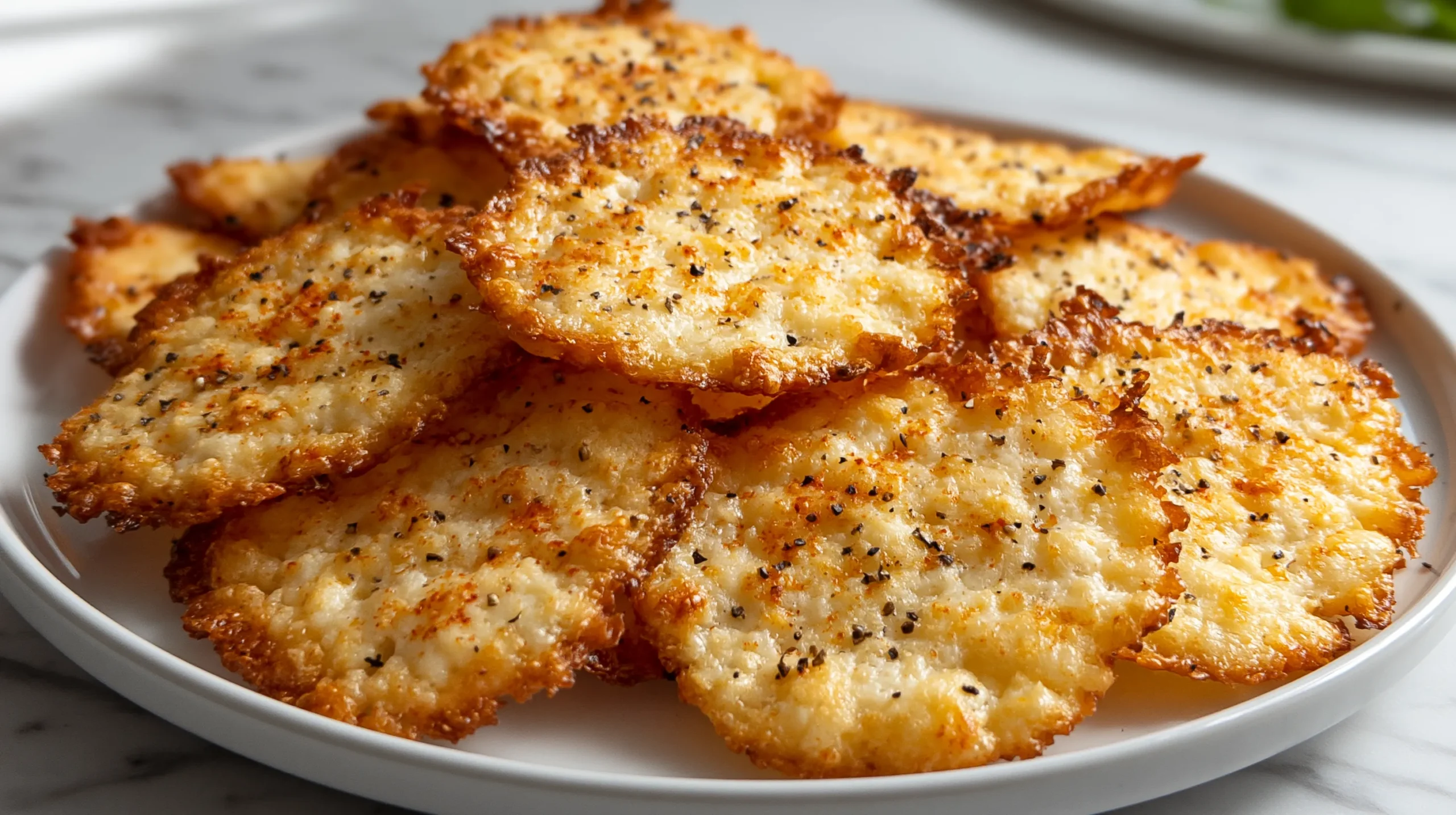hyper-realistic photo of homemade cottage cheese chips on a white ceramic plate, very thin irregular baked rounds made from cottage cheese, visible curds fused together, delicate lacy crispy golden brown edges with lightly browned centers, subtle uneven homemade shape, light seasoning of paprika and black pepper, realistic blistered texture, loosely stacked so individual chips are visible, not smooth crackers, not cheese crisps, close-up food photography, bright natural window light, white marble countertop, bright white kitchen background, clean editorial styling, believable homemade texture, high detail, soft shadows, no people, no utensils, no garnish clutter, no text, no logo, no watermark